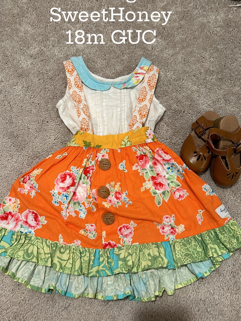 SweetHoney Orange Floral Ruffle Dress with Green Trim